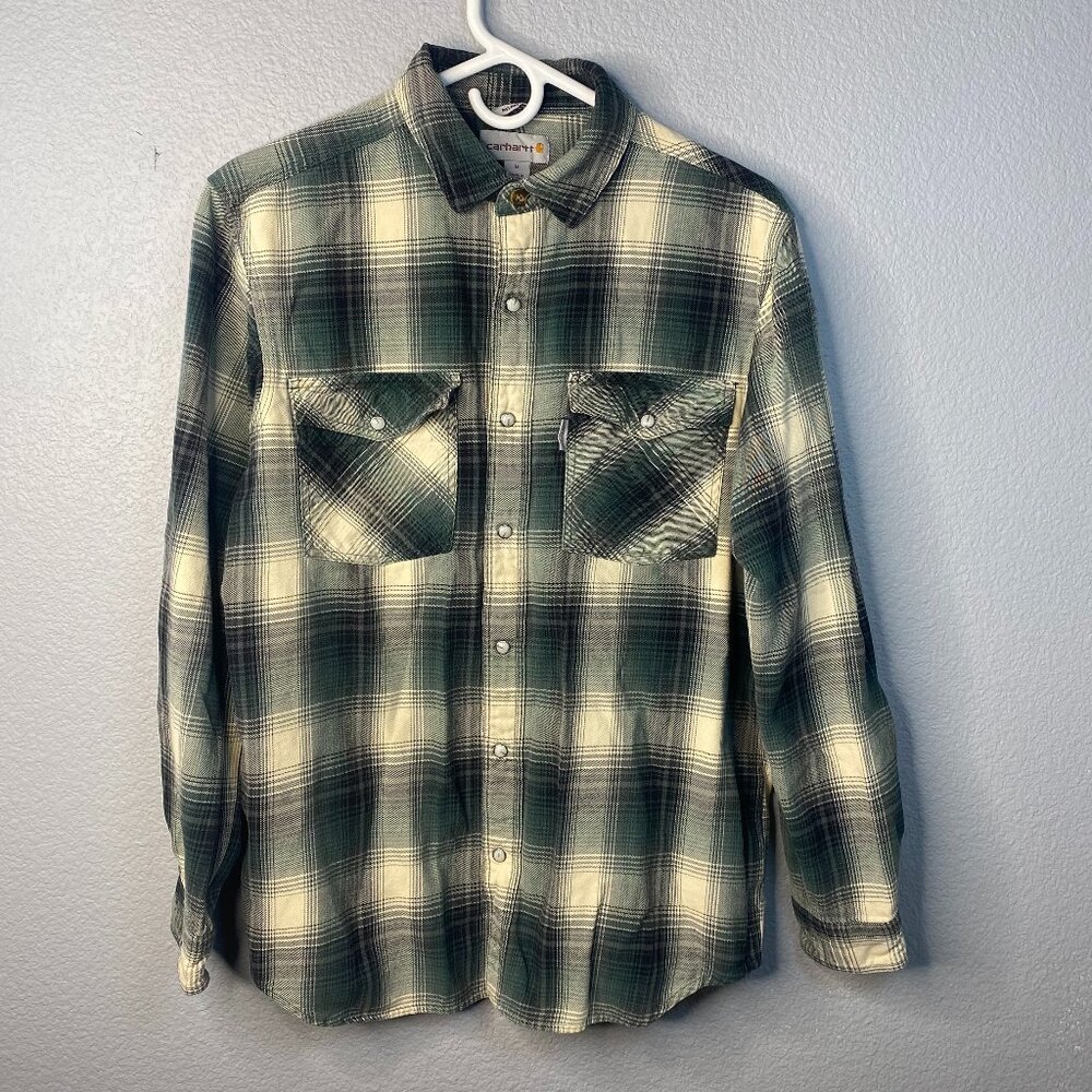 Carhartt Green and Cream Plaid Casual Button Down Shirt